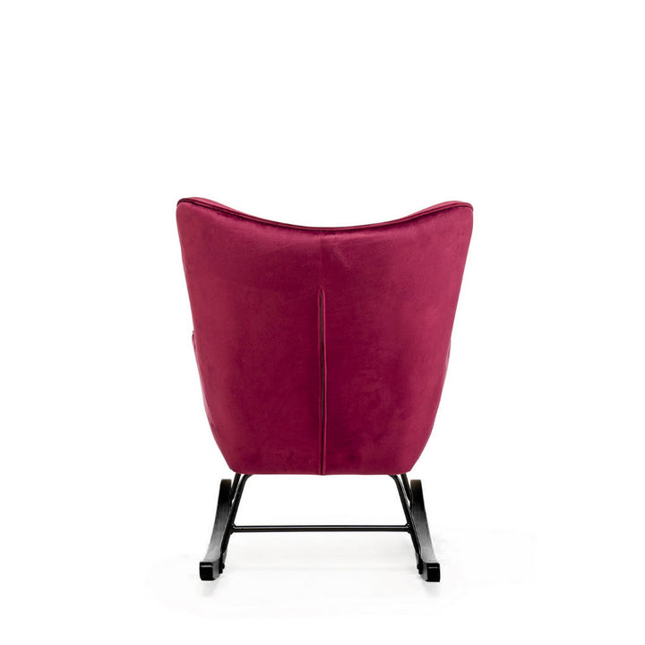 Aemely® Schommelstoel 'Steerne', bekleed met bordeaux rood velvet, zwarte houten poten, elegant design met gecapitonneerde rugleuning, perfect voor comfort in baby- of woonkamer.