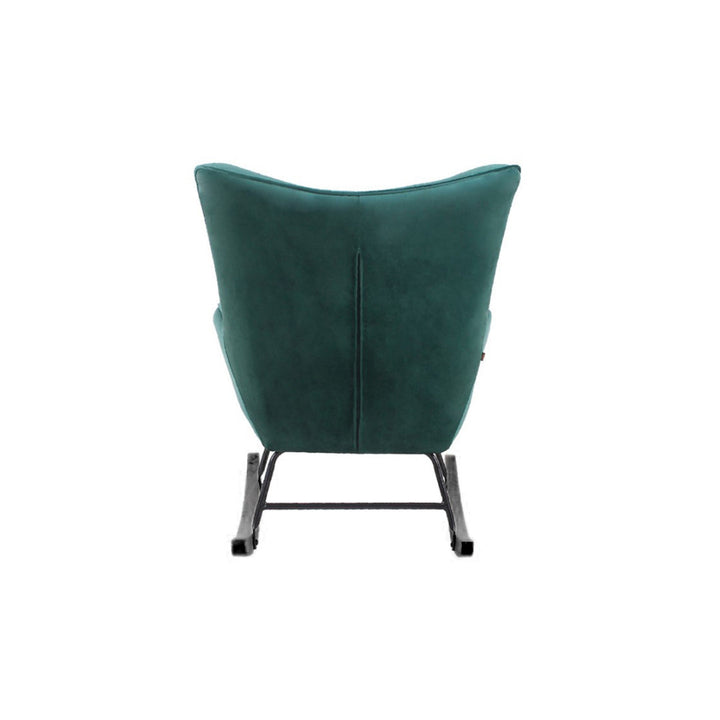 Aemely® Schommelstoel Steerne, groene velvet bekleding, zwarte houten poten en stalen frame. Elegante designstoel met knopen gecapitonneerde rugleuning voor ultiem zitcomfort.