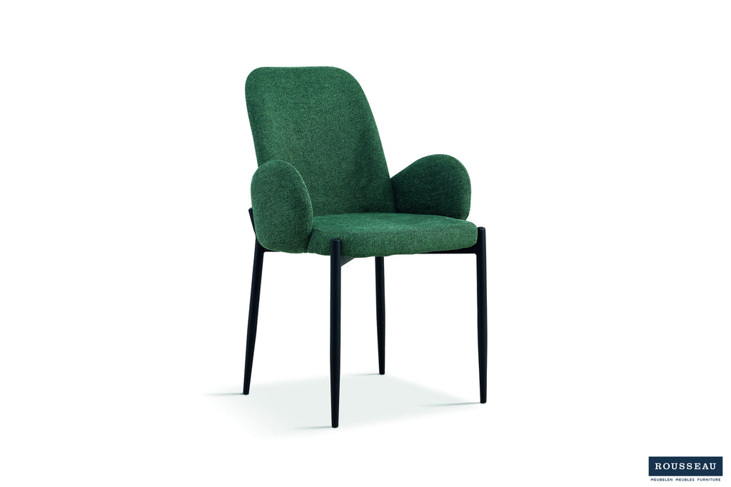 Stoel 'Bilbao' Stof Groen met zwarte metalen poten en armleuningen, verkrijgbaar in een set van twee, geschikt voor elke ruimte in huis.