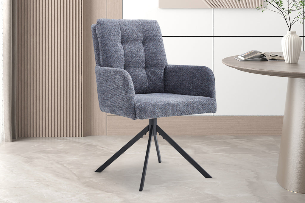Stoel 'Granada' Draaibaar tot 0 Stof Davis Bliss 75-73 Donkergrijs, elegante draaibare stoel met zwarte metalen basis, geschikt voor moderne interieurs.