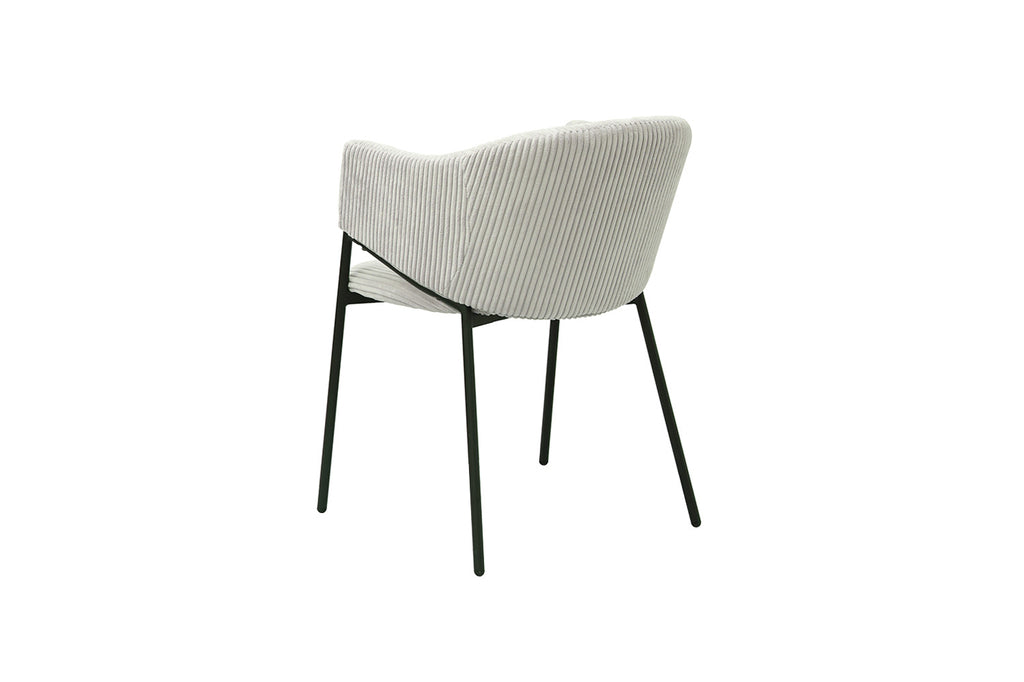 Stoel 'Hugo' Corduroy Lichtgrijs met zwarte metalen poten, modern design, close-up van de zitting en rugleuningtextuur van corduroy. 