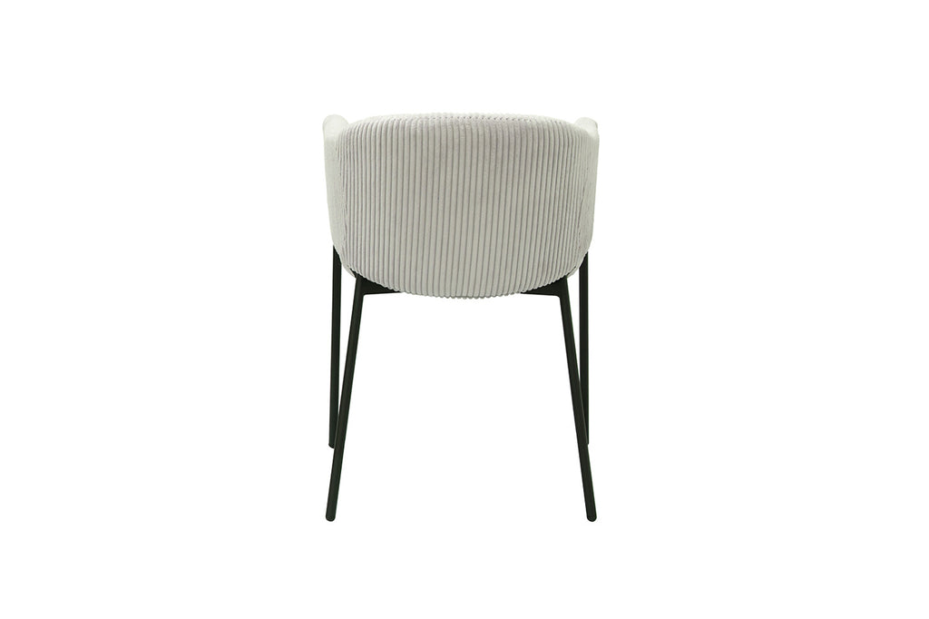 Stoel 'Hugo' Corduroy Lichtgrijs met zwarte metalen poten, cilindervormig ontwerp met zachte bekleding, ideaal voor moderne interieurs. Geleverd per set van twee.
