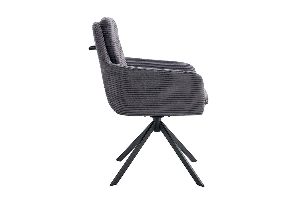 Stoel 'Luna' Draaibaar met grijze corduroy bekleding en zwarte poten, perfect voor moderne interieurs. Verpakt per twee, ideaal voor elke woonruimte.