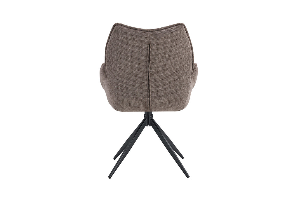 Stoel 'Mahi' met zwarte basis, draaiend ontwerp en stoffen bekleding. Perfect voor elke ruimte, verkocht in sets van twee bij Furndaily.