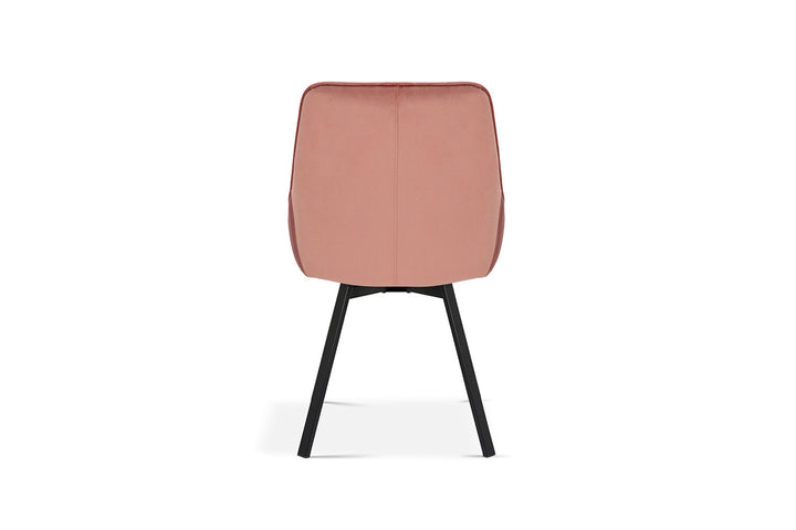 Stoel 'Mathias' Draaibaar Fluweel Roze, metaal poten, set van 2. Elegant ontwerp met 360° draaifunctie, perfect voor moderne woonruimtes.