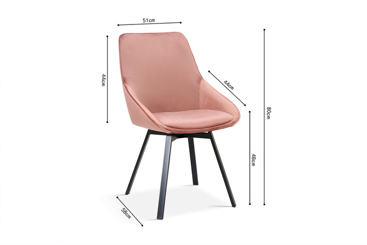 SALE - Stoel 'Mathias' Draaibaar Fluweel Roze met zwarte poten en velours bekleding, inclusief afmetingen, perfect voor elke ruimte in huis. Verpakt per twee.