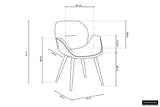 Blueprint van Stoel 'Maxim' met ontwerpschets en afmetingen, inclusief poten van metaal en bekleding van 100% polyester; twee stoelen per doos.