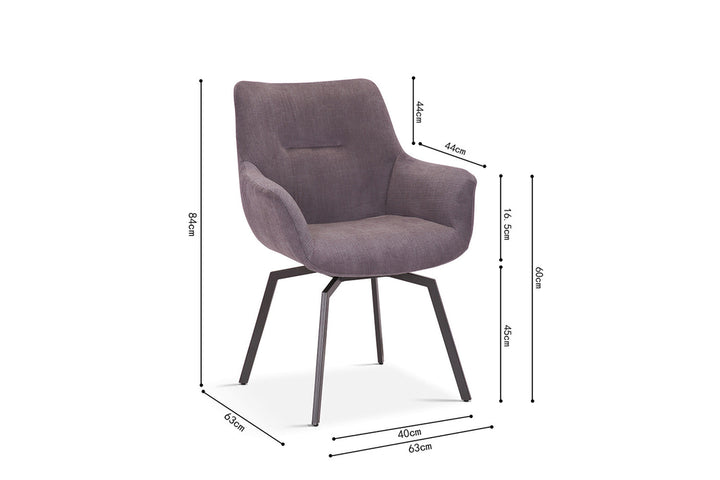 Stoel 'Modest' draaibaar met ribfluweel bekleding en metalen poten, ideaal voor elk interieur. Afgebeeld met afmetingen voor Furndaily's veelzijdige meubelcollectie.