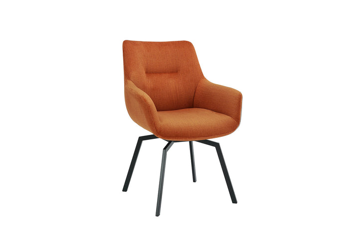 Stoel 'Modest' Draaibaar Ribfluweel Oranje met zwarte poten en armleuningen, perfect voor moderne woonruimtes.