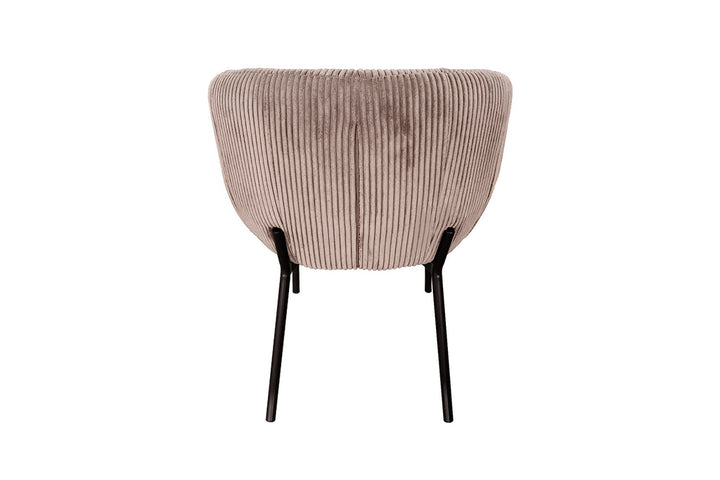 Stoel 'Sevilla' Corduroy Fabb Hyper 38 Zand, met metalen poten en corduroy bekleding, close-up van de rugleuning, verkocht per doos van twee.