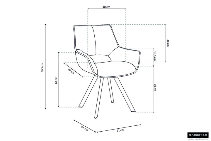 Blueprint van stoel 'Tim' Stof Grijs met afmetingen en details, metalen poten en polyester bekleding, passend in het veelzijdige assortiment van Furndaily.
