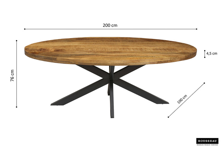 Tafel 'Alexa' 200 cm ovaal met exotisch Mango houten blad en zwarte metalen poten. Close-up toont de houtnerf van het tafelblad.