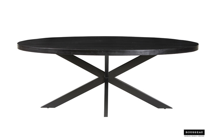 Tafel 'Alexa' 200 cm ovaal, zwart mango hout met metalen structuur, afgebeeld op een witte achtergrond.