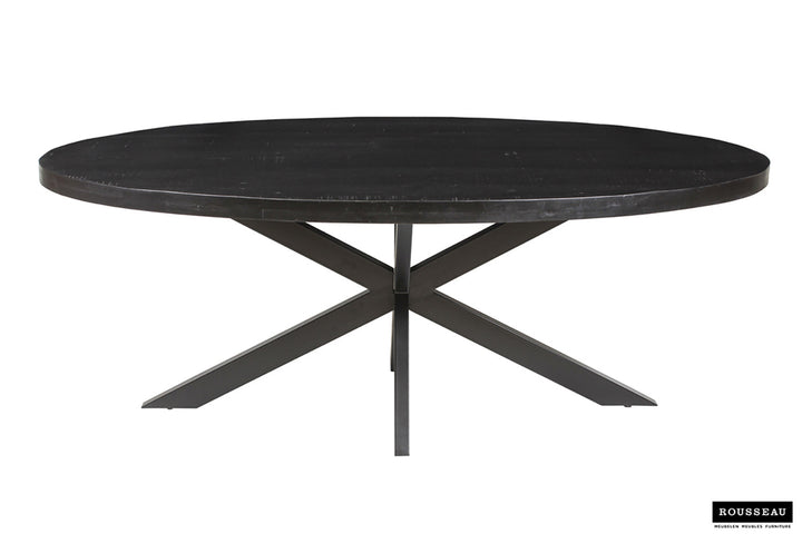 Tafel 'Alexa' 200 cm ovaal, met een zwart metalen structuur en een blad van exotisch mango hout.