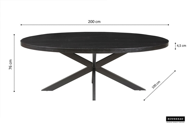 Tafel 'Alexa' 200 cm ovaal, zwart mango hout, met metalen structuur.