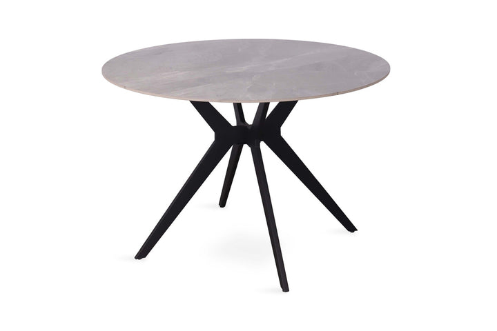 Ronde tafel 'Apollo' 110 cm met zwart metalen basis en glanzend Italiaans grijs gesinterd steenblad.