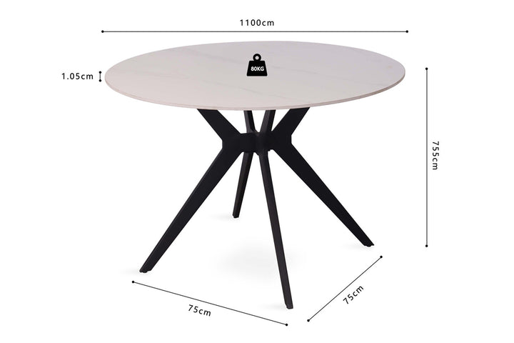 Ronde tafel 'Apollo' 110 cm, glanzend blad van gesinterde steen Snow Wit, op stevige metalen structuur. Hoogte van 75 cm.