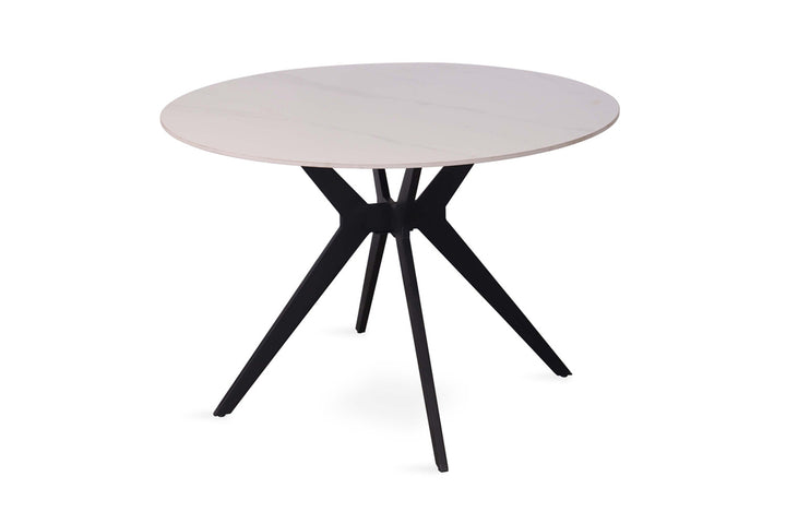 Ronde tafel 'Apollo' 110 cm met glanzend sneeuwwit gesinterd steenblad en zwarte metalen poten.