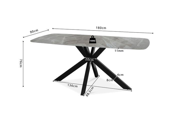 Tafel 'Apollo' 180 cm, Deens ovaal, met een structuur van metaal en een glanzend stenen blad, geschikt voor stijlvolle eetruimtes.