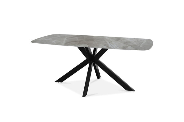 Tafel 'Apollo' 180 cm Deens Ovaal met een glanzend stenen blad en metalen structuur, ideaal voor een stijlvolle eetkamerinrichting.