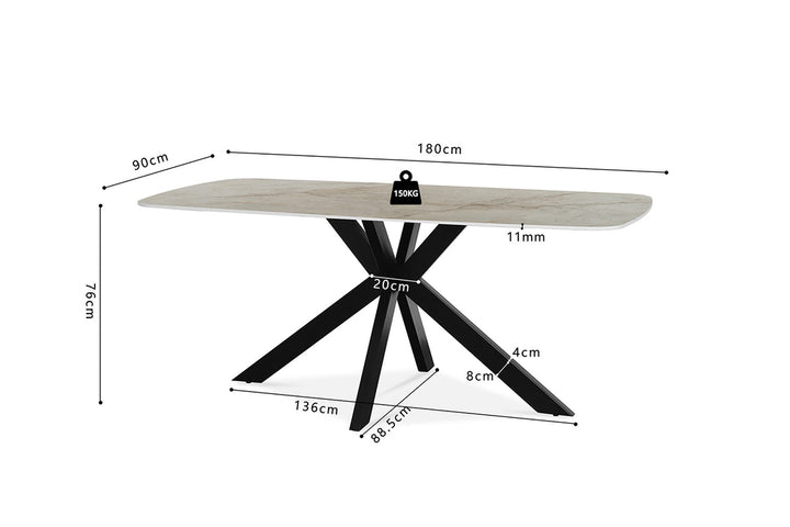 Tafel 'Apollo' 180 cm Deens Ovaal met glanzend stenen blad op metalen structuur, weergegeven op een tafel met afmetingen en een weegschaal.