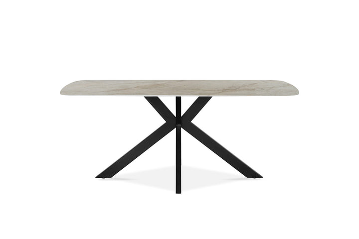 Tafel 'Apollo' 180 cm Deens Ovaal met witte steenlaag op metalen structuur, geschikt als stijlvolle design eettafel.