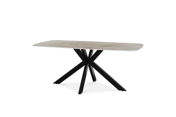 Tafel 'Apollo' 180 cm Deens Ovaal met witte glanzende steenblad en zwarte metalen poten.