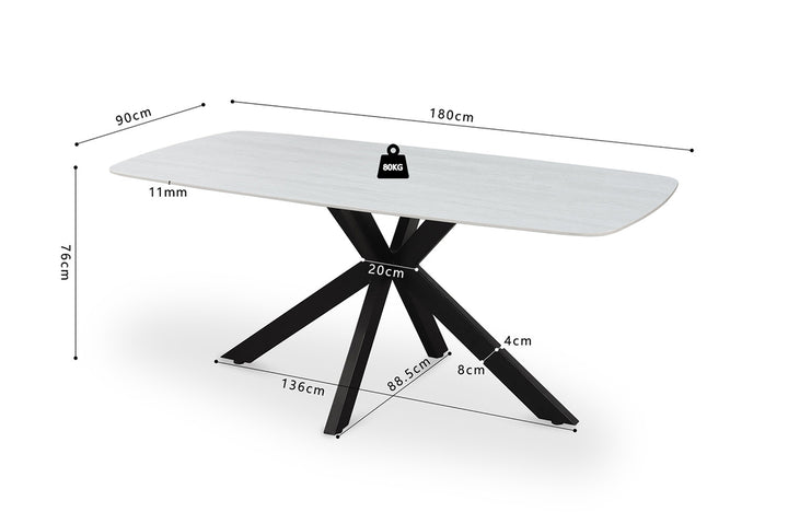 Tafel 'Apollo' 180 cm metaalstructuur, stenen blad, Deens ovaal ontwerp met baroque grijze afwerking, getoond met weegschaal erop.