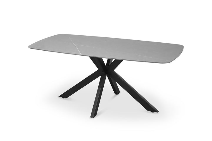 Tafel 'Apollo' 180 cm Ovaal met stenen blad en metalen onderstel, geschikt voor zes personen, biedt een moderne uitstraling en stabiliteit voor dagelijks gebruik.