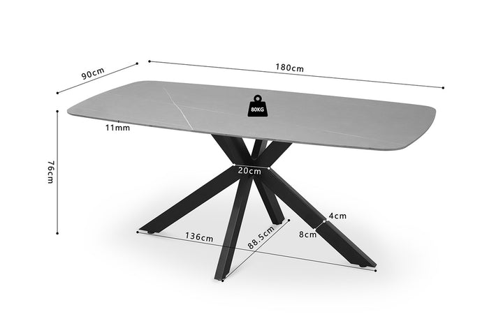 Tafel 'Apollo' 180 cm Deens Ovaal met grijs stenen blad en metalen onderstel, geschikt voor zes personen, biedt een moderne en duurzame eetervaring.