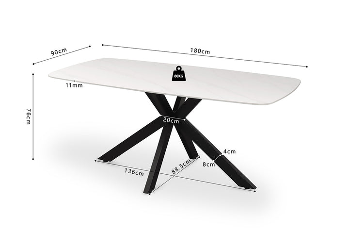 Tafel 'Apollo' 180 cm Deens Ovaal met een wit stenen blad en metalen structuur, geschikt als werk- of designtafel.