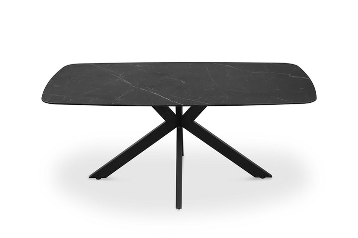 Tafel 'Apollo' 180 cm Deens Ovaal met zwart stenen blad en metalen structuur, geschikt voor moderne interieurinrichting.