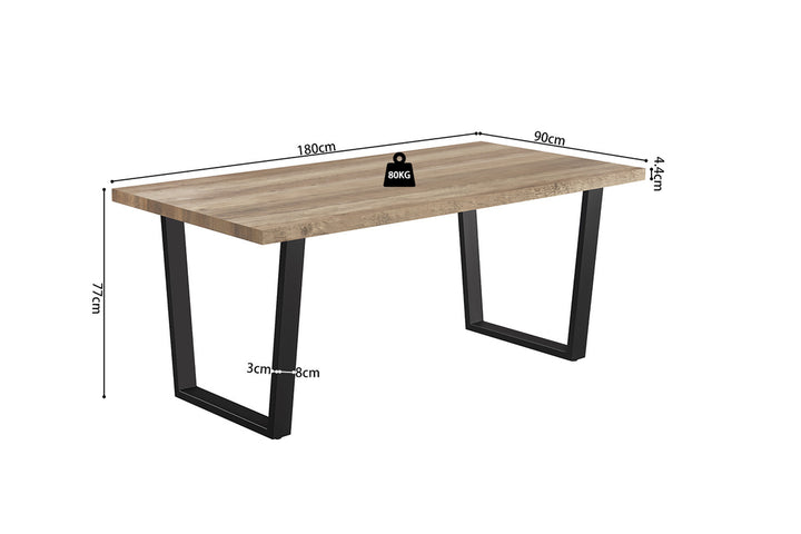 Tafel 'Armin' 180 cm Decor Mango met MDF-blad en metalen poten, weergegeven met meetinstrumenten en weegschaal op houten oppervlak.