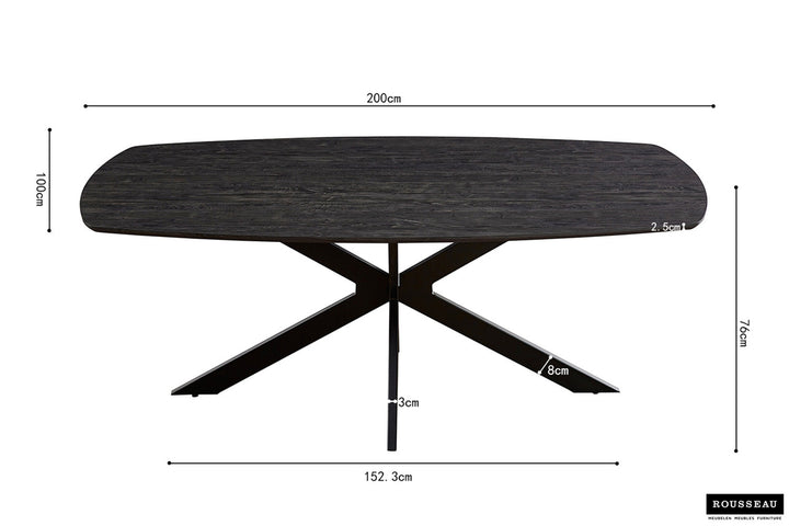 Tafel 'Aziz' 200 cm Deens ovaal met zwart MDF-blad en kruisvormige metalen poten, geschikt voor modern interieur.