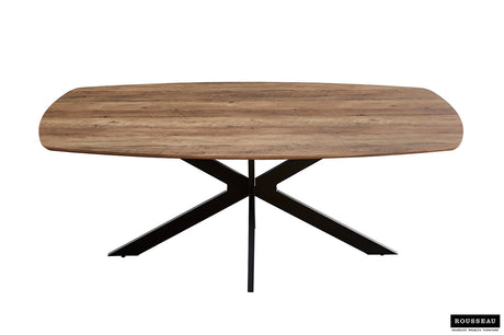 Tafel 'Aziz' 200 cm Deens Ovaal met MDF decor mango blad en zwart metalen basis, geschikt voor moderne interieurstijlen.