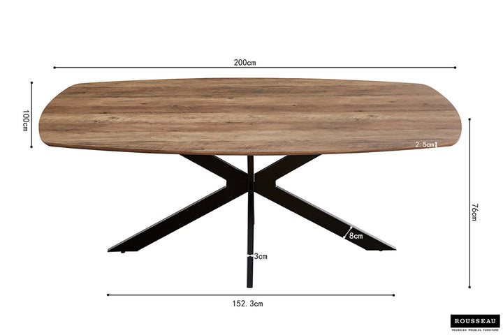 Tafel 'Aziz' 200 cm Deens Ovaal met MDF-blad en kruisvormige metalen poten, gedetailleerd met een houtachtig decor.