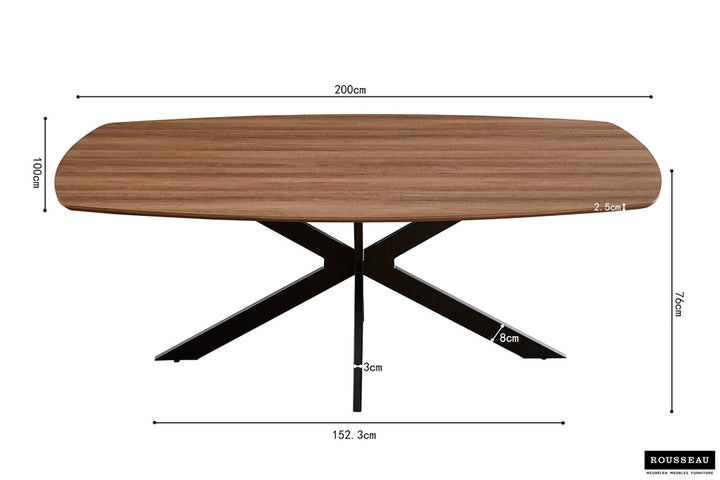 Tafel 'Aziz' 200 cm Deens Ovaal met zwart metalen poten, MDF-blad en ABS-boord, toont houten afwerking en afmetingen.