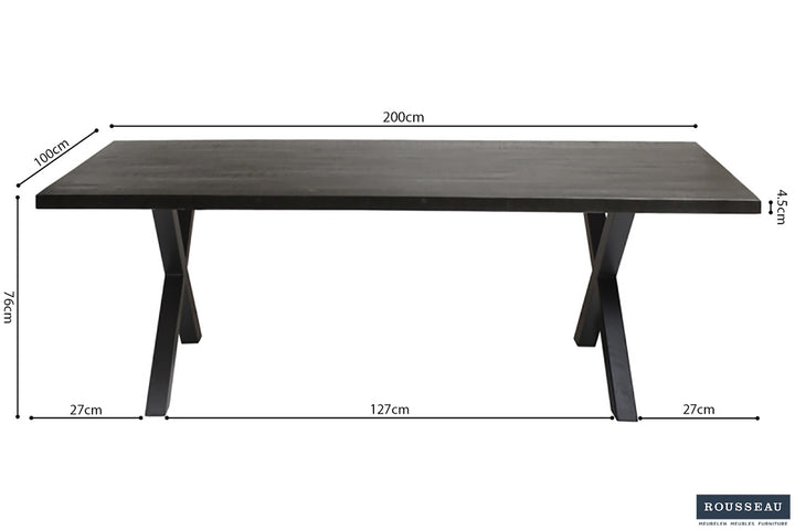 Tafel 'Elena' 200 cm rechthoekig, zwart mango hout, met metalen structuur. Geschikt voor verschillende ruimtes, aangeboden door Furndaily.