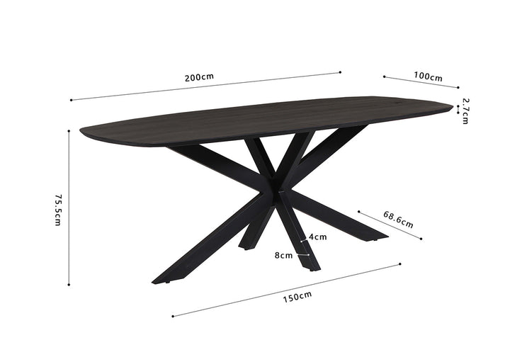 Tafel 'Isabella' 200 cm, zwart, ovaal met exotisch Mango houten blad en stevige metalen spider-poten.