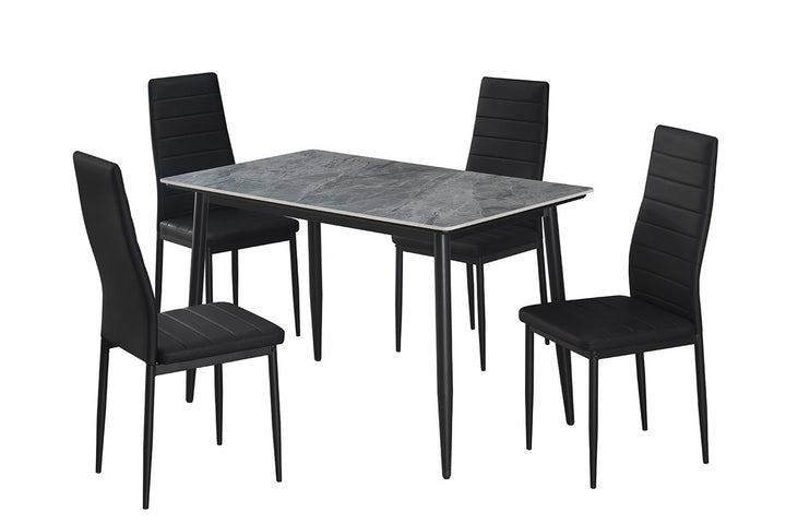 Tafel 'Kenzo' 120 cm Rechthoekig met metalen structuur en stenen blad, vergezeld door zwarte stoelen met kussens, op een neutrale achtergrond.