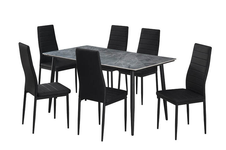 Tafel 'Kenzo' 140 cm Rechthoekig met metalen structuur en stenen blad, vergezeld door zwarte stoelen, geschikt voor moderne eetkamers.