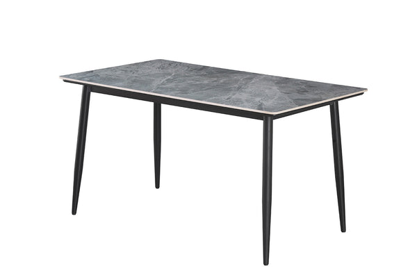 Tafel 'Kenzo' 140 cm, rechthoekig met een grijs stenen blad en metalen structuur, afgebeeld met gedetailleerde weergave van het oppervlak.