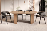 Tafel 'Lagos' 200 cm Ovaal Decor Oude Eik, gepresenteerd met stoelen in een kamer, toont een elegante structuur van MDF mat met 3D papier.