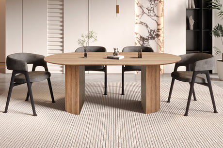 Tafel 'Lagos' 200 cm Ovaal Decor Oude Eik, gepresenteerd met stoelen in een kamer, toont een elegante structuur van MDF mat met 3D papier.