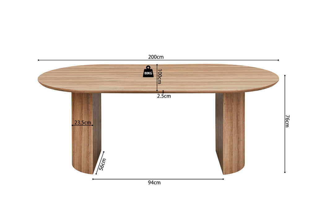 Tafel 'Lagos' 200 cm Ovaal Decor Oude Eik, met MDF-structuur en 3D-papier, zichtbaar als robuuste houten tafel met duidelijke afmetingen.