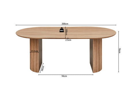 Tafel 'Lagos' 200 cm Ovaal Decor Oude Eik, met MDF-structuur en 3D-papier, zichtbaar als robuuste houten tafel met duidelijke afmetingen.