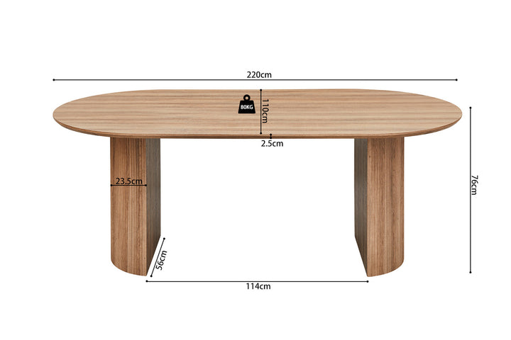 Tafel 'Lagos' 220 cm ovaal, met een MDF-structuur en 3D-papier, toont een houtnerf oppervlak met een strakke, witte top.