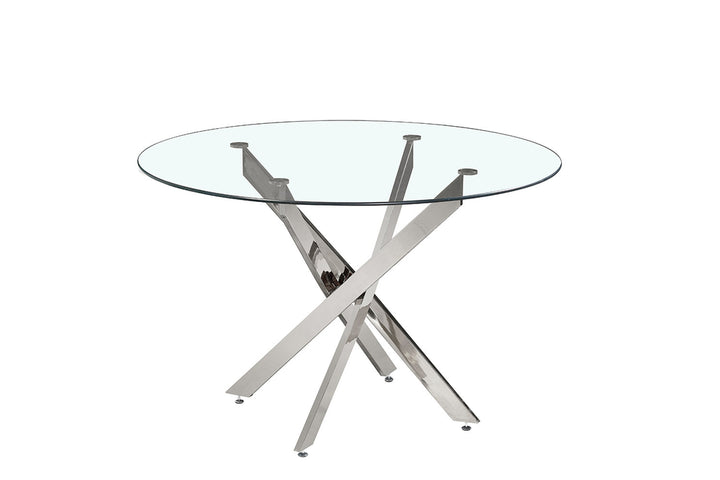 Ronde tafel 'Lasi' 120 cm met glazen blad en metalen chroom poten. Moderne uitstraling, ideaal als koffie- of bijzettafel.