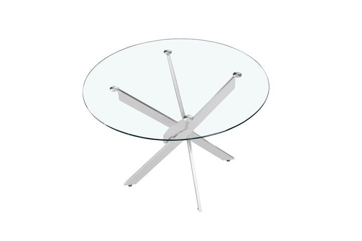 Ronde tafel 'Lasi' van 120 cm met glazen blad en chromen metalen poten, geschikt voor moderne interieurs.