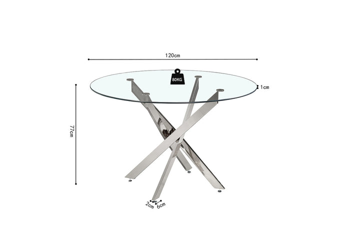 Ronde glazen tafel 'Lasi' 120 cm met chromen metalen poten, zichtbaar op een tafel met afmetingen. Geschikt voor moderne interieurs.